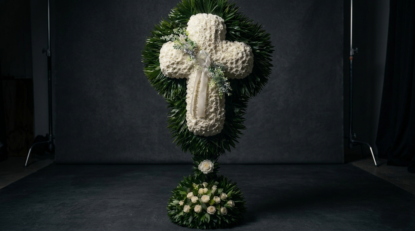 White floral cross tribute by Floral Fantasy of Bay Ridge