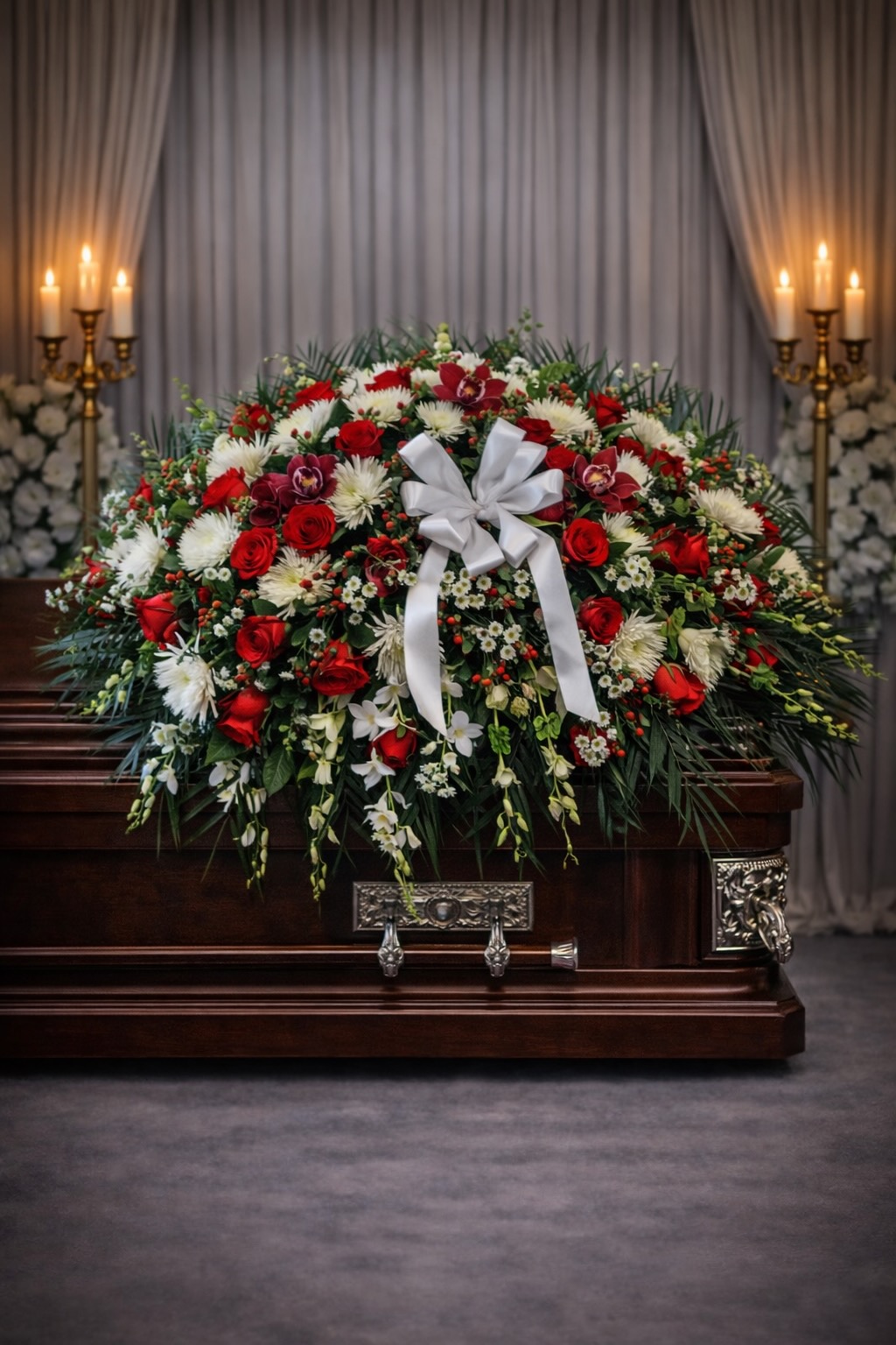 Red and White Assorted Cascading Casket Spray