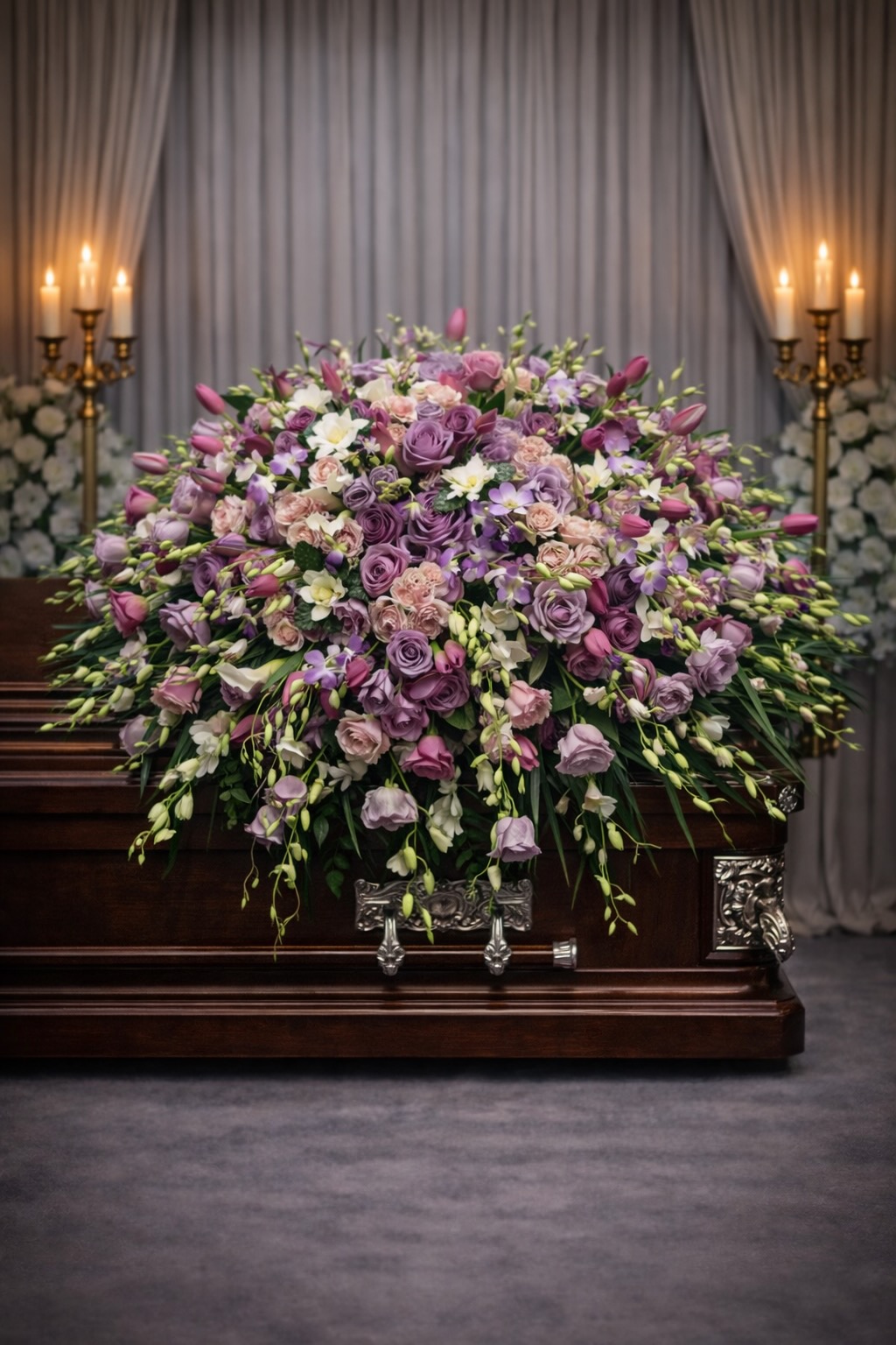 Purple and Pink Roses with Dendrobium Orchid Casket Spray