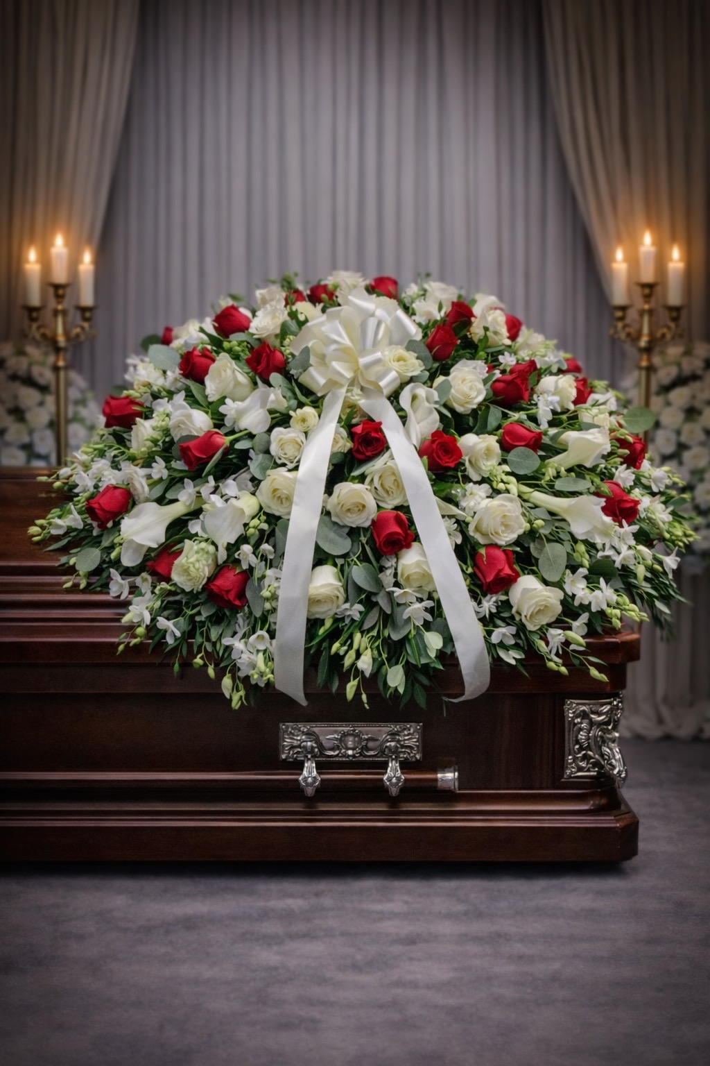 Red and White Rose Casket Spray with Calla Lilly