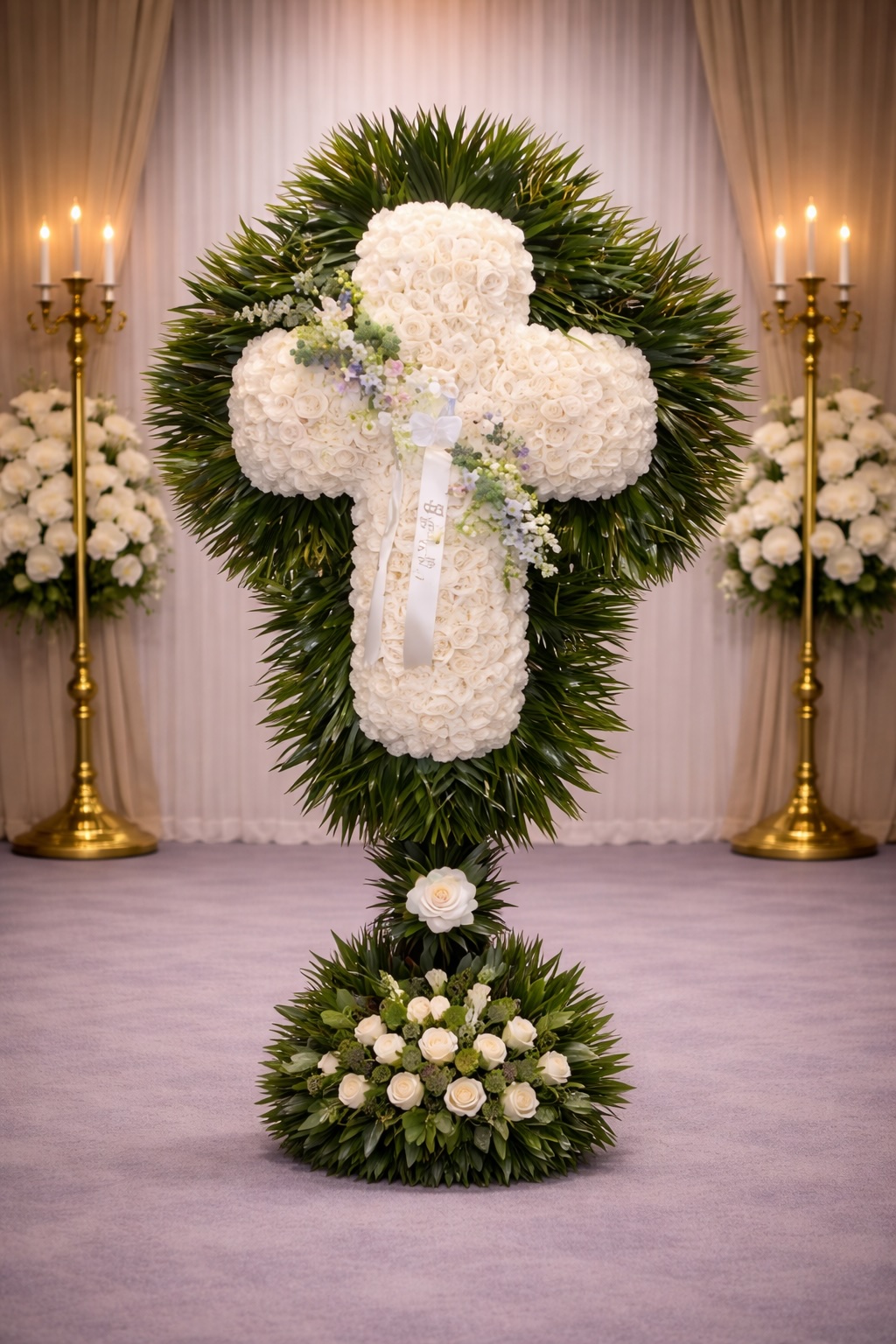 White rose cross with orchid break and palm leaf