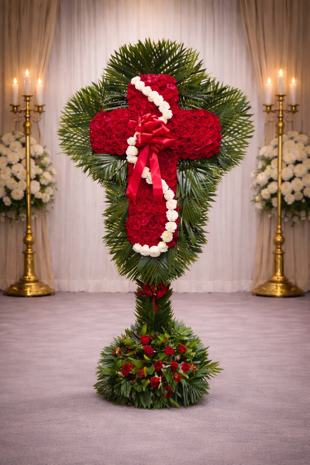 Red rose cross with white swirl and palm leaf