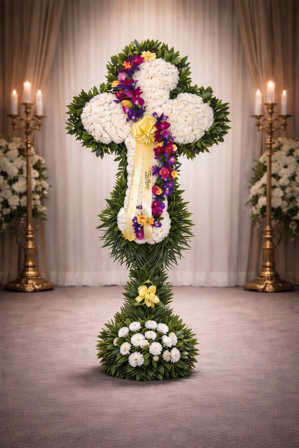 White carnation cross with purple swirl and palm leaf