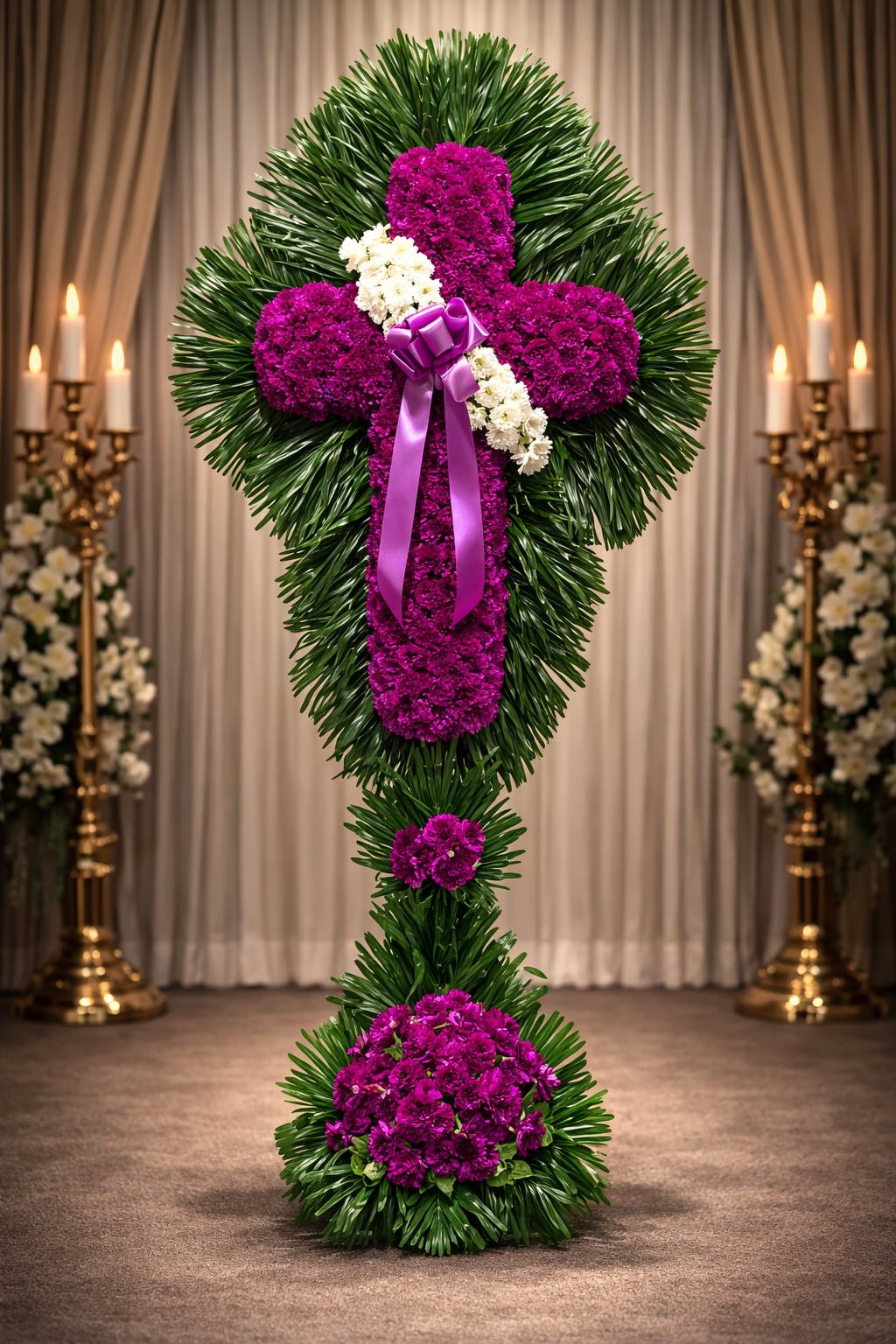 Purple Carnation Cross with white break and palm leaf