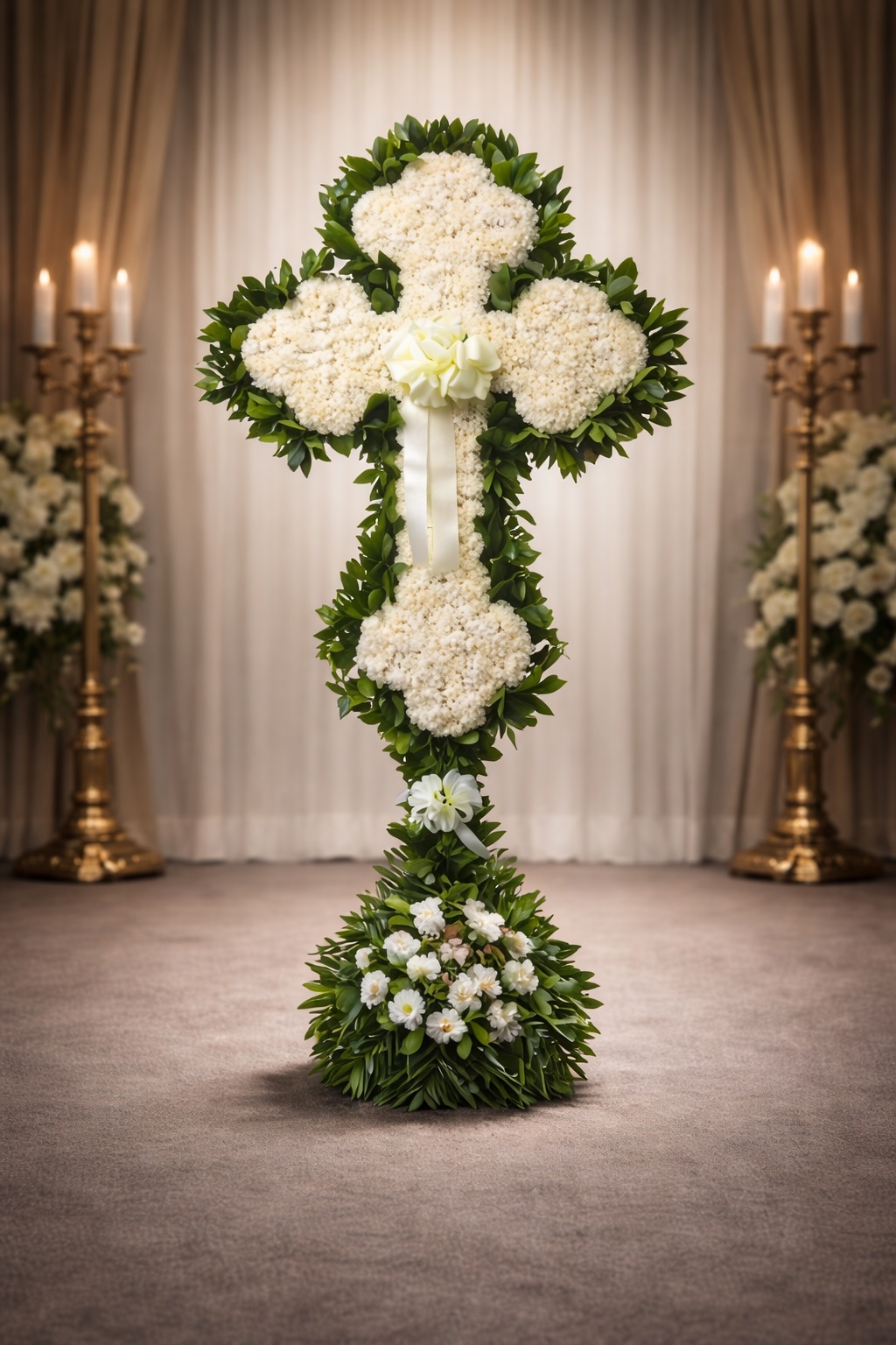 Celtic white carnation cross with lemon leaf