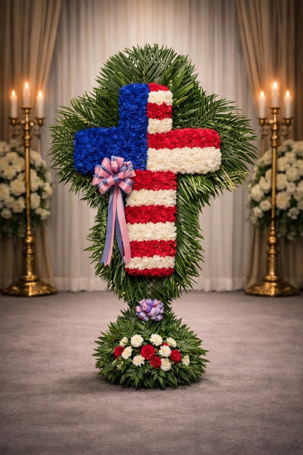 Patriotic carnation cross with palm leaf
