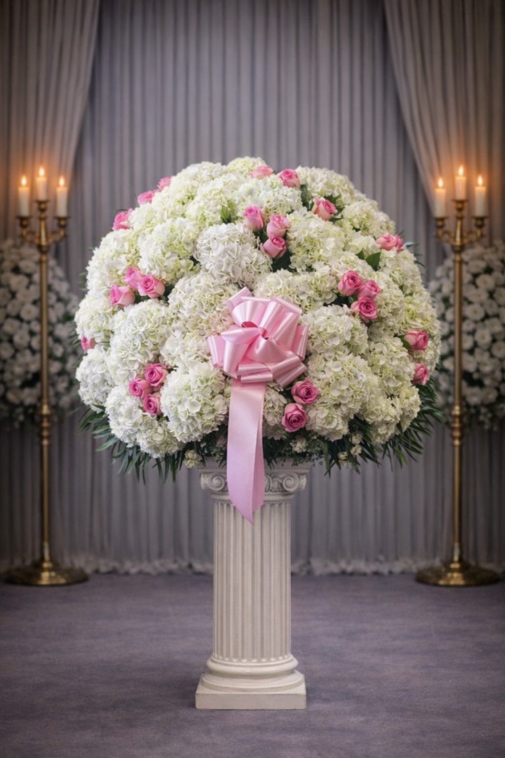 White hydrangea and pink rose elegant basket