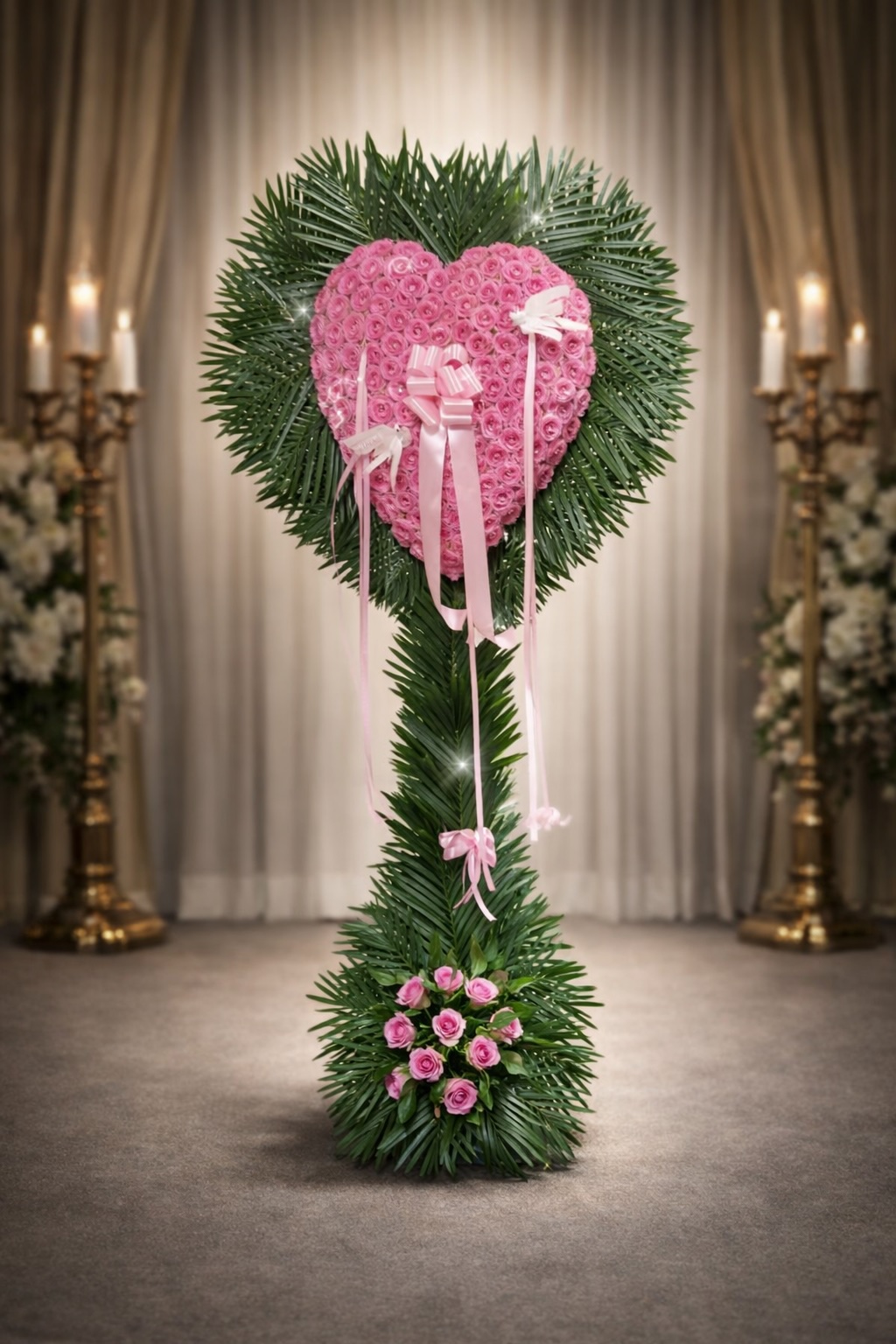 Pink rose bleeding heart with palm leaf