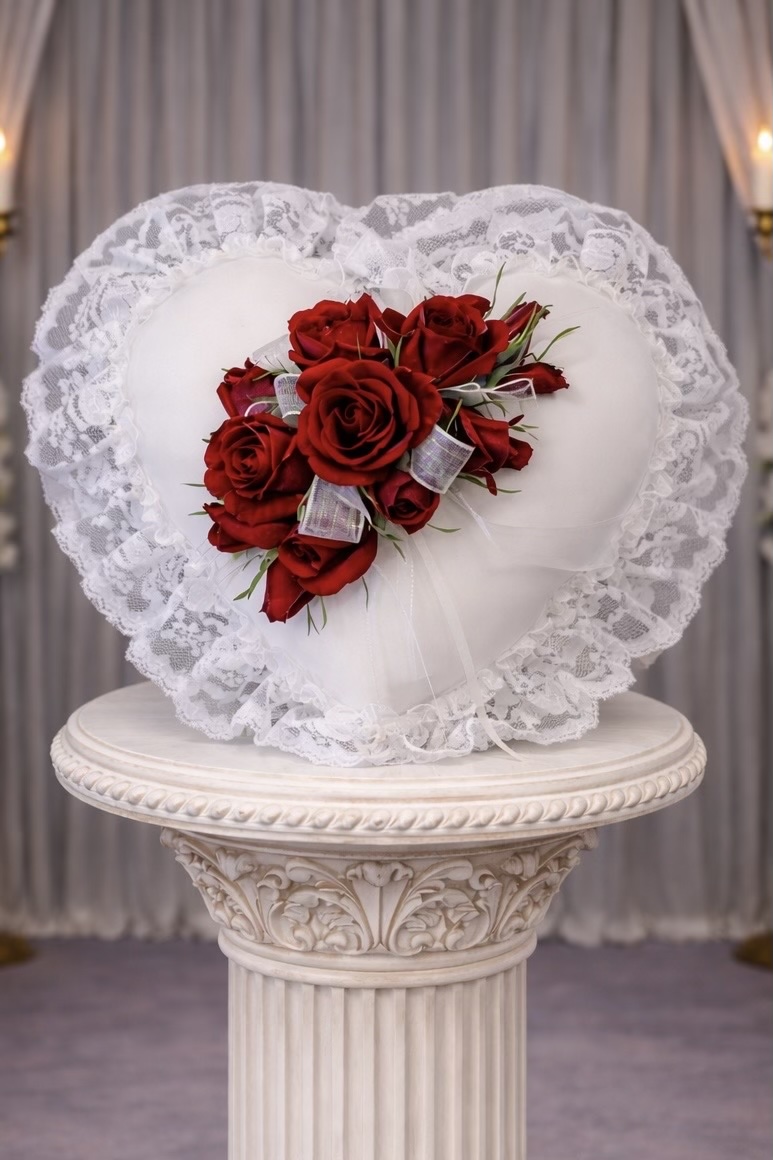 Satin Heart Pillow with Red Flowers