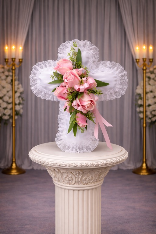 Satin Cross Pillow with Pink Flowers