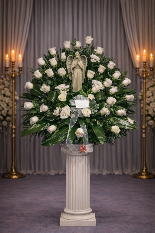 White rose basket with statue