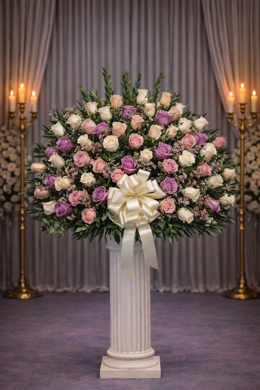 White and purple rose basket