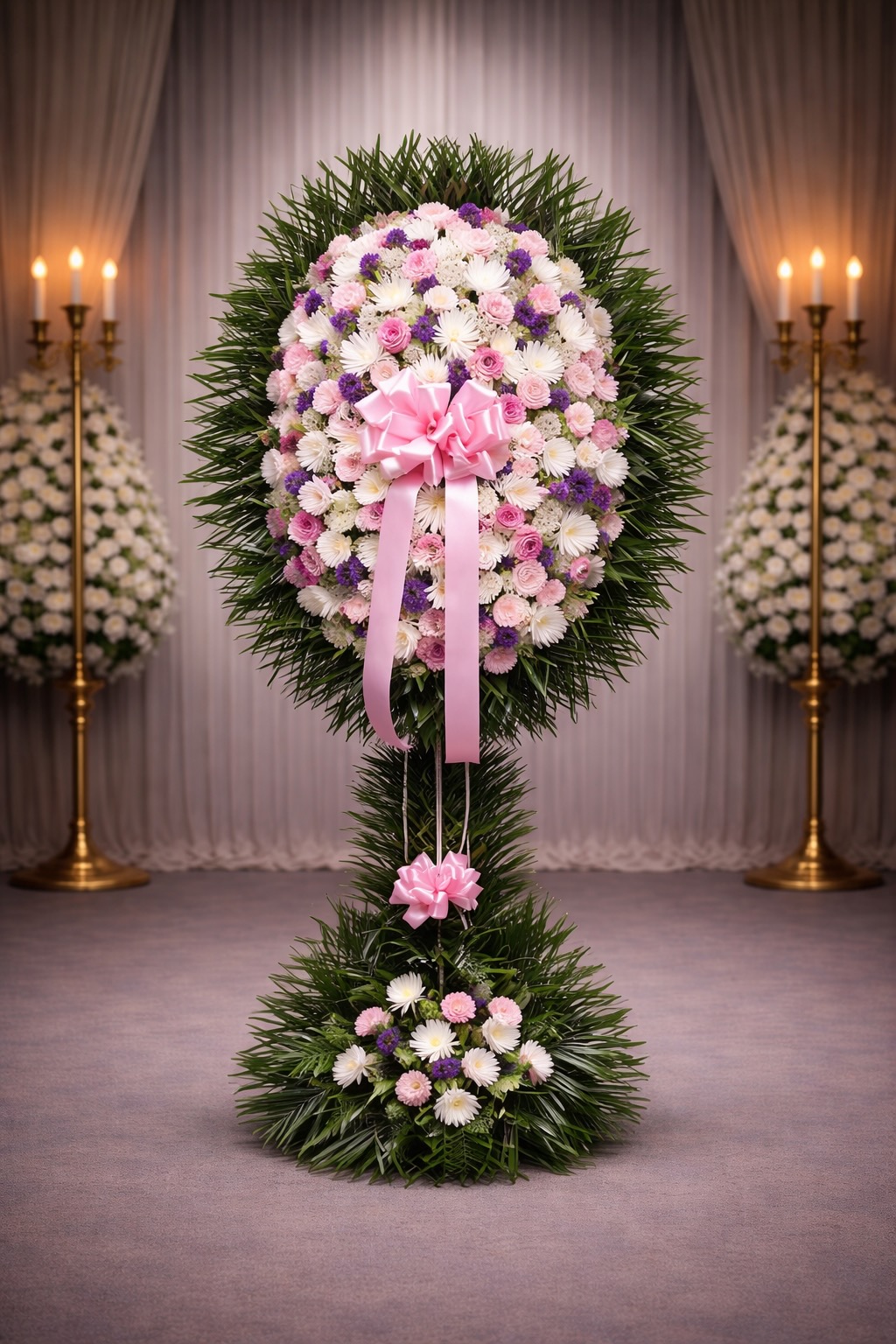 White, pink and purple spray on metal stand
