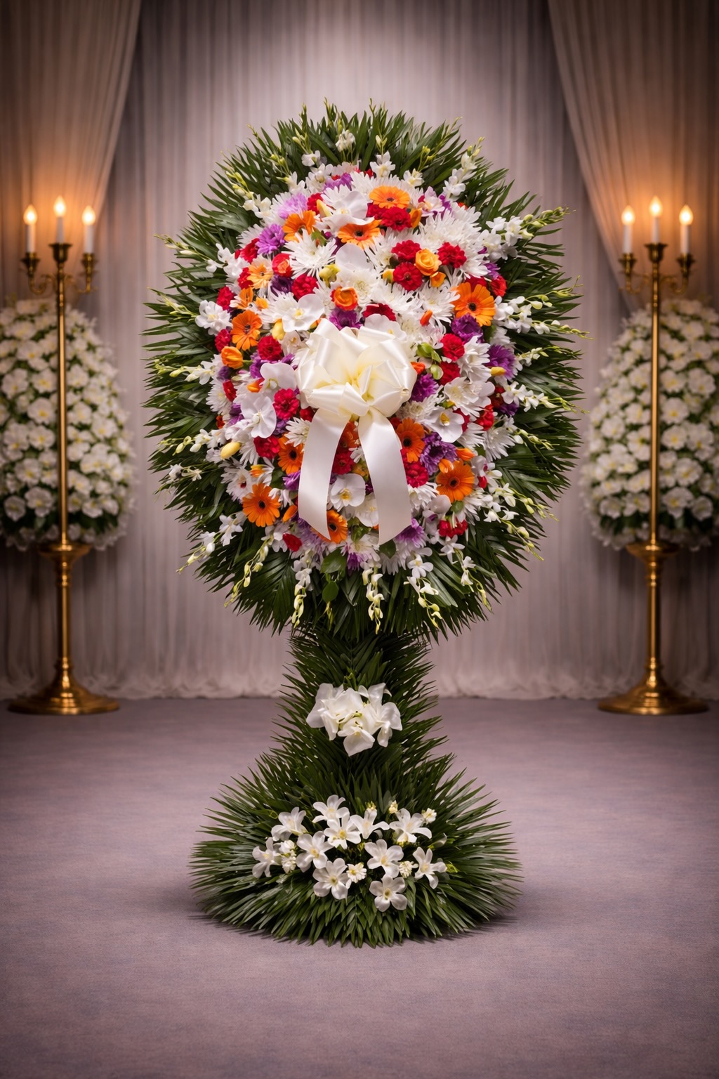 Orange, red, purple and white spray with orchids