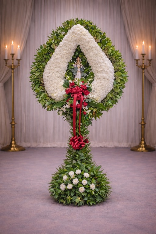 White carnation tear drop wreath with statue
