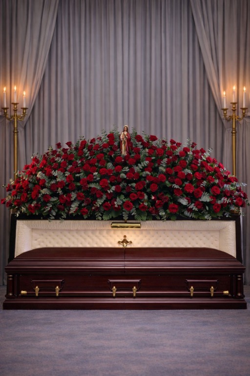 All red rose half archway with statue