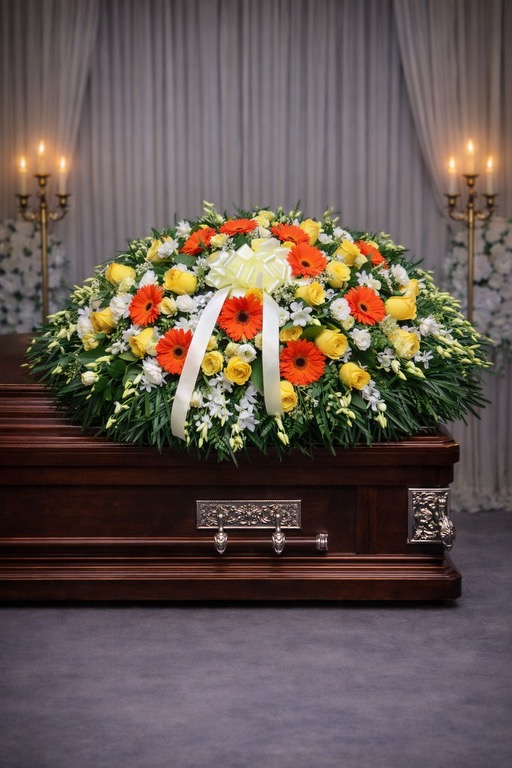 Orange, Yellow & White Casket Spray