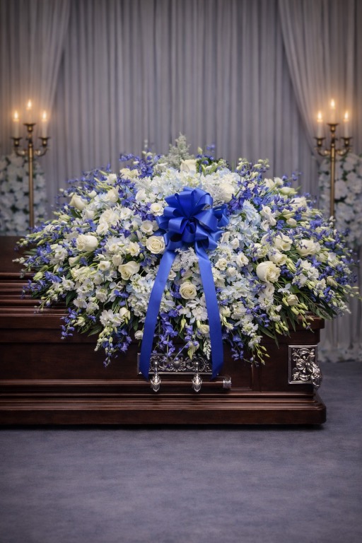 Blue and White Casket Spray