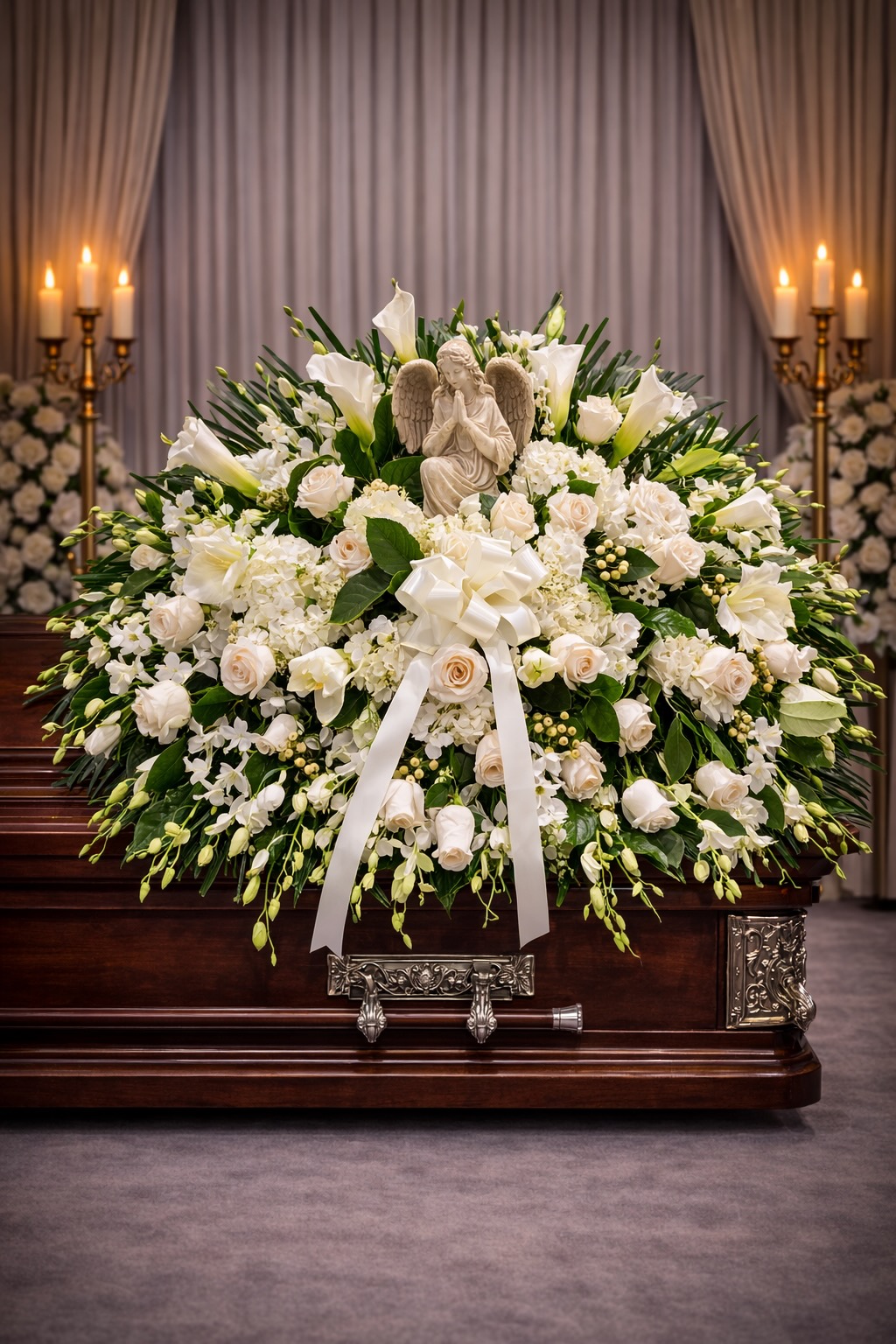 Assorted All White Casket Spray with Angel Statue