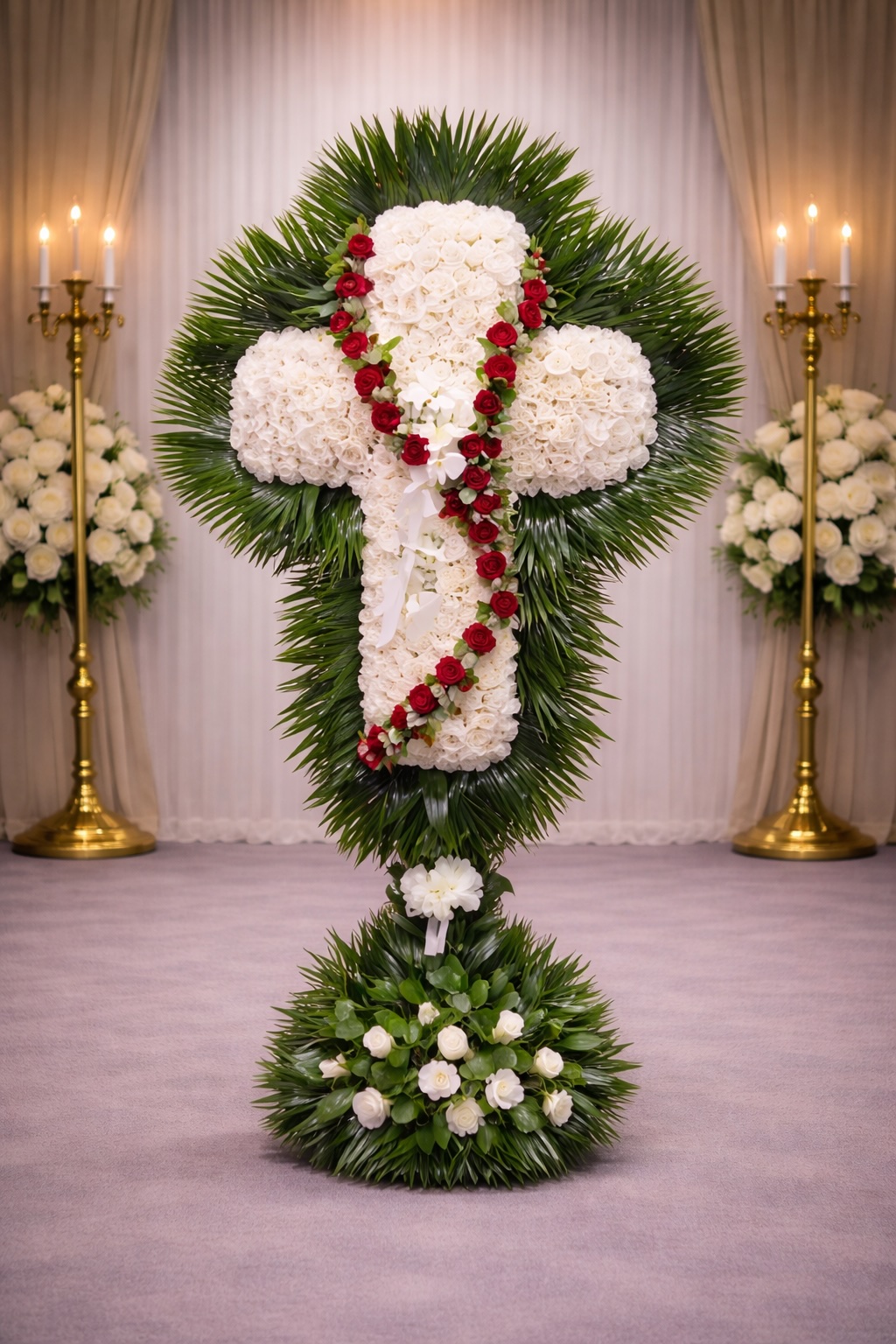 White Rose Cross with red rosary and palm leaf