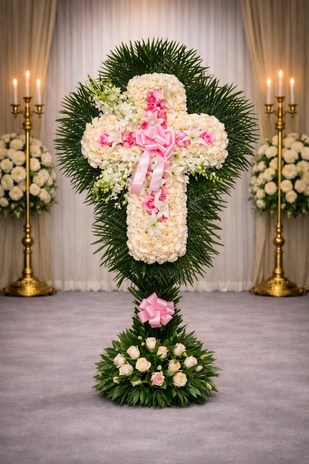 White Rose cross with pink inner cross and orchids with palm leaf