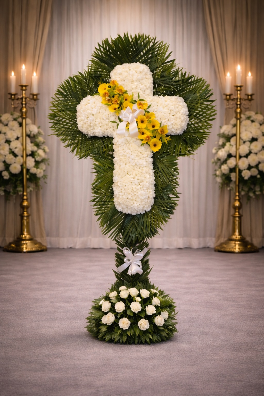 White carnation cross with yellow break and palm leaf