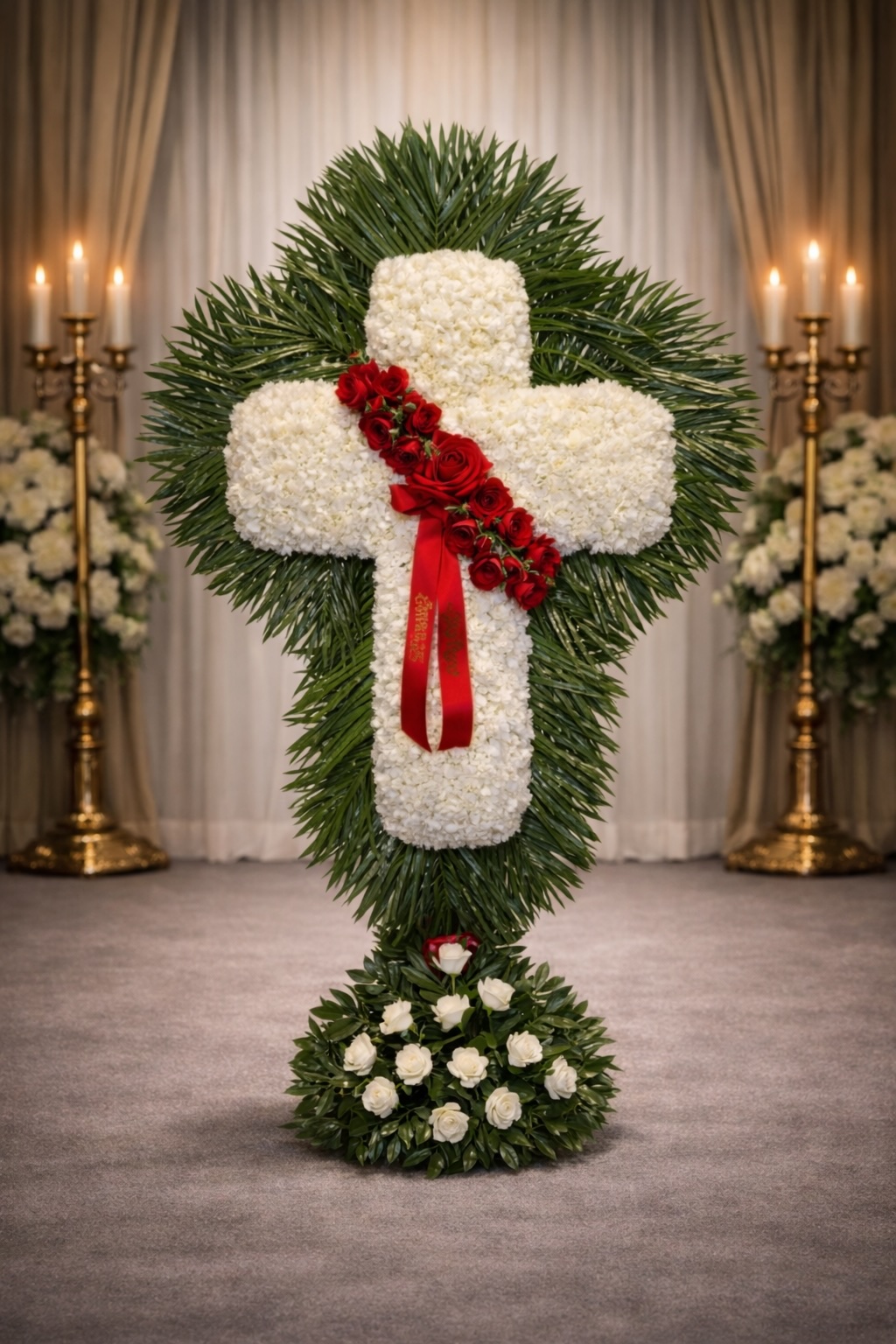 White carnation cross with red rose break and palm leaf
