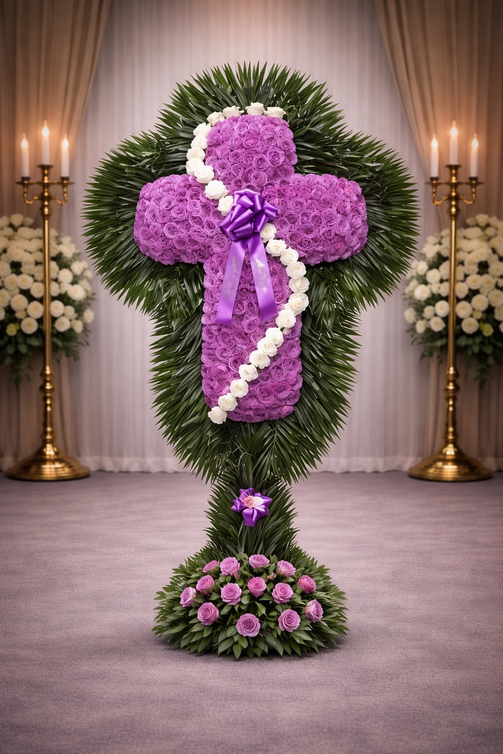 Purple rose cross with white swirl and palm leaf
