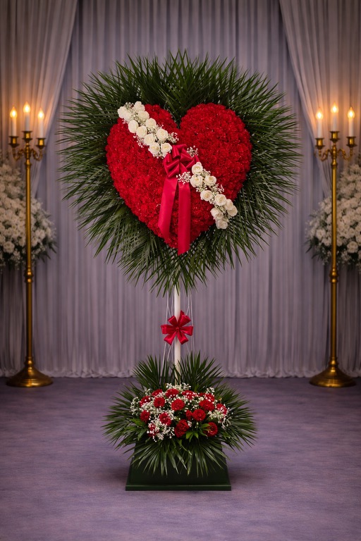 Red carnation broken heart with palm leaf