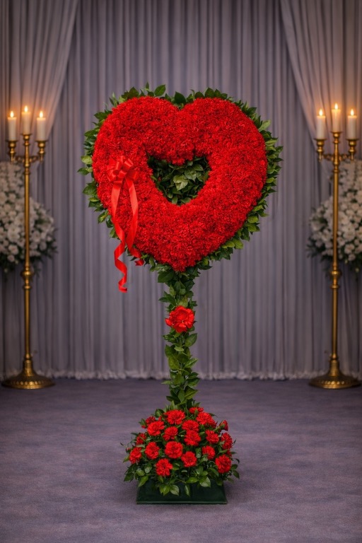 Open red carnation heart with lemon leaf