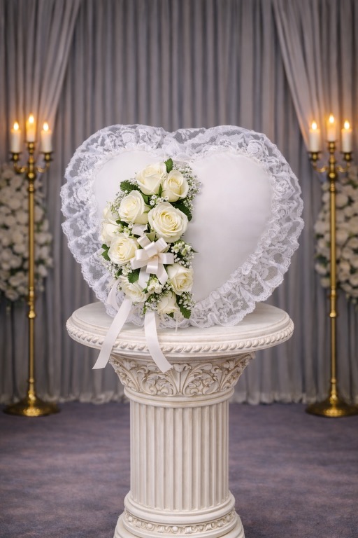 Satin Heart Pillow with White Flowers