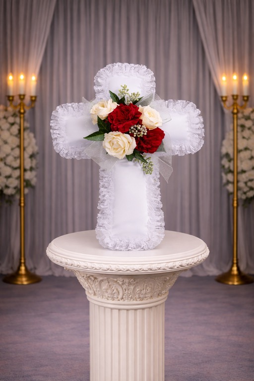 Satin Cross Pillow with Red and White Flowers