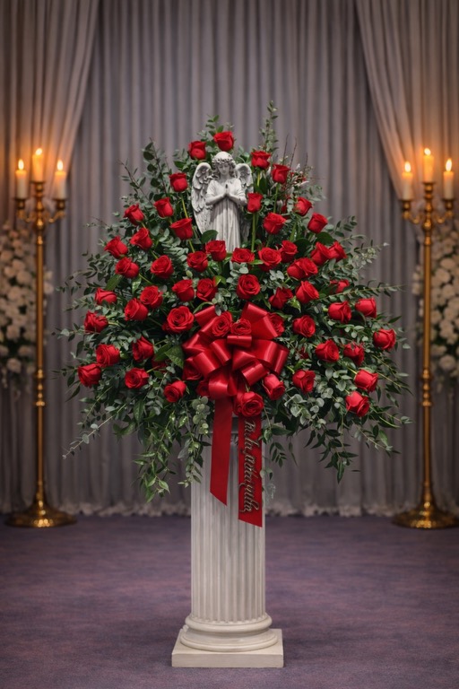 Red rose basket with statue