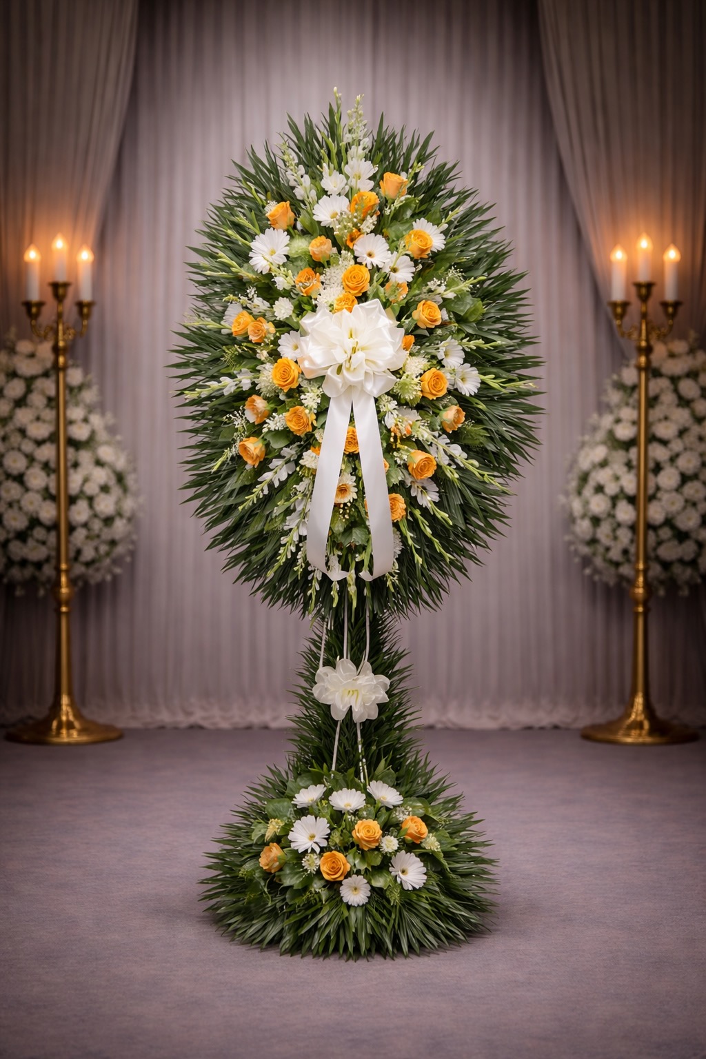 Orange, green and white freeflowing spray on metal stand