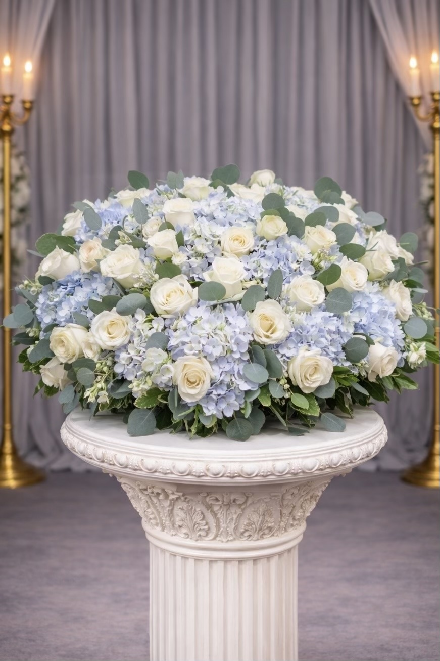 White Rose and Blue Hydrangea Urn Wreath