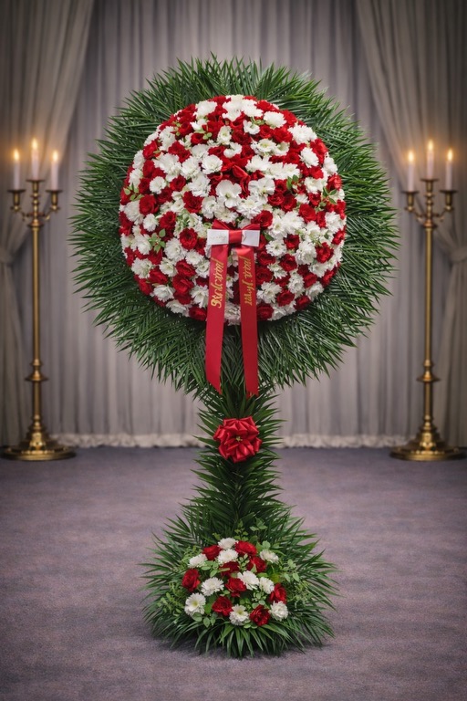 Red and white assorted wreath with orchids