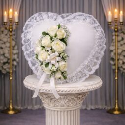 P0110: Satin Heart Pillow with White Flowers