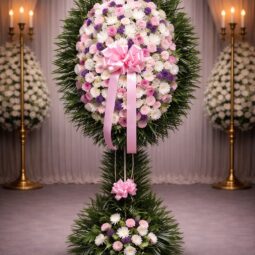 S2010: White, pink and purple spray on metal stand