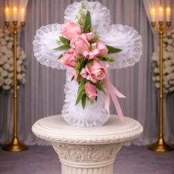 P0120: Satin Cross Pillow with Pink Flowers