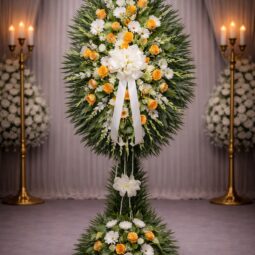 S2340: Orange, green and white freeflowing spray on metal stand