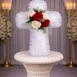 P0200: Satin Cross Pillow with Red and White Flowers