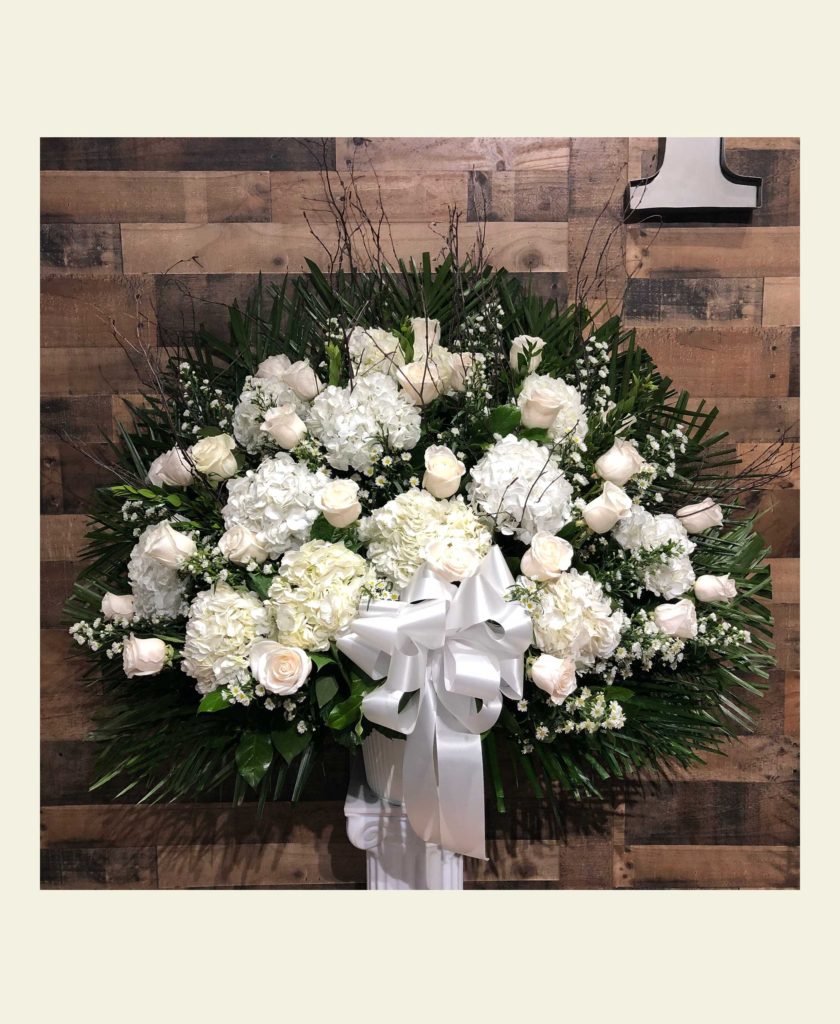 EB0400 White hydrangea and rose elegant basket Floral Fantasy US