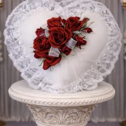 P0100: Satin Heart Pillow with Red Flowers
