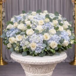 UW0300: White Rose and Blue Hydrangea Urn Wreath